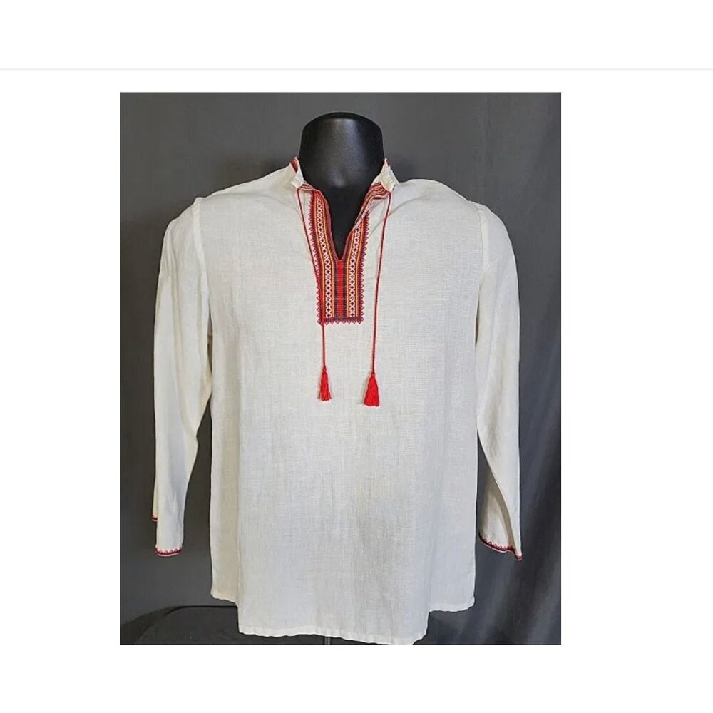 Vintage off-white linen shirt believed to be Ukrainian with hand embroidered col